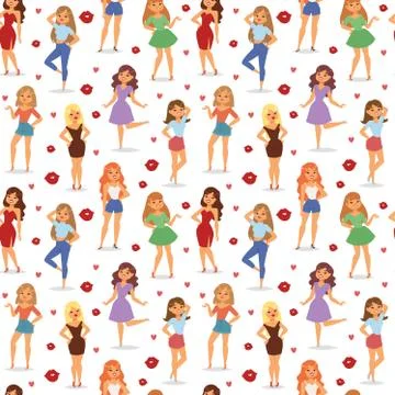 Vector lovely girls seamless pattern red lips prints beautiful romantic fabric Stock Illustration