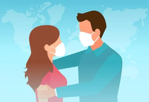 Vector of a loving couple wearing face masks, hugging and looking at each oth Stock Illustration