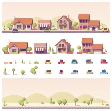 Vector low poly 2d buildings and city scene Ilustración de archivo