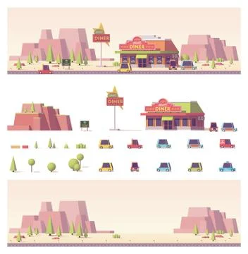 Vector low poly 2d buildings and city scene Ilustración de archivo