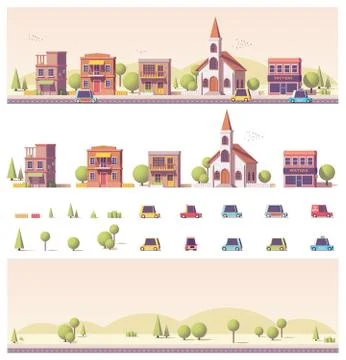 Vector low poly 2d buildings and city scene Ilustración de archivo