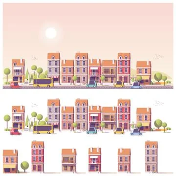 Vector low poly 2d buildings and city scene Ilustración de archivo