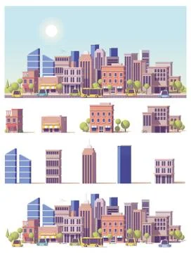 Vector low poly 2d buildings and city scene Ilustración de archivo