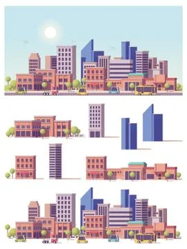 Vector low poly 2d buildings and city scene Ilustración de archivo