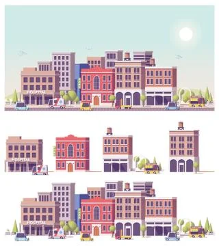 Vector low poly 2d buildings and city scene Ilustración de archivo