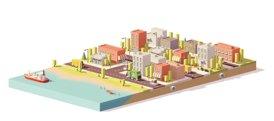 Vector low poly 2d buildings and city scene Ilustración de archivo