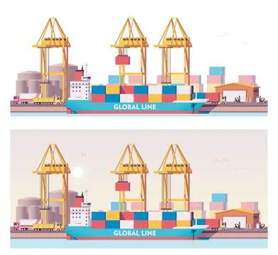 Vector low poly 2d cargo port Stock Illustration