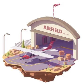 Vector low poly airfield with hangar and airplane Stock Illustration