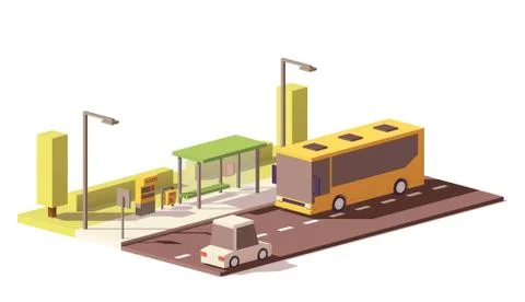 Vector low poly bus and the bus stop Illustrazione stock