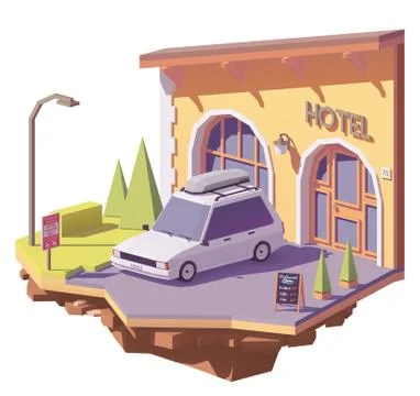 Vector low poly car and hotel Stock Illustration