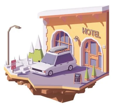 Vector low poly car and hotel Stock Illustration