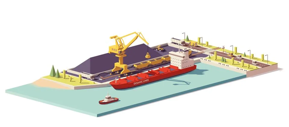 Vector low poly coal terminal and bulk carrier Stock Illustration