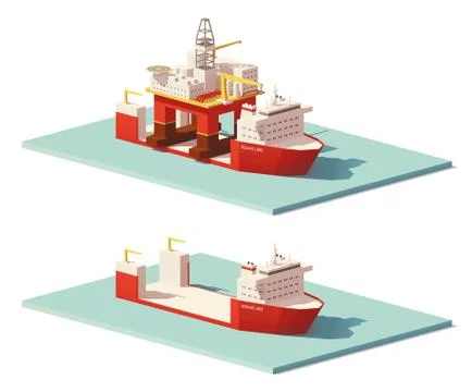 Vector low poly heavy lift ship and oil rig Stock Illustration