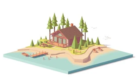 Vector low poly house in forest Illustrazione stock