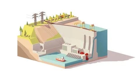 Vector low poly hydroelectric power station Stock Illustration