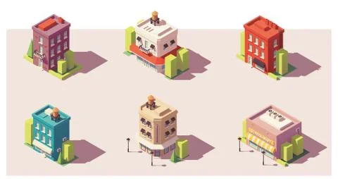 Vector low poly isometric buildings set Stock Illustration
