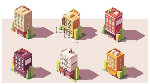 Vector low poly isometric buildings set Stock Illustration