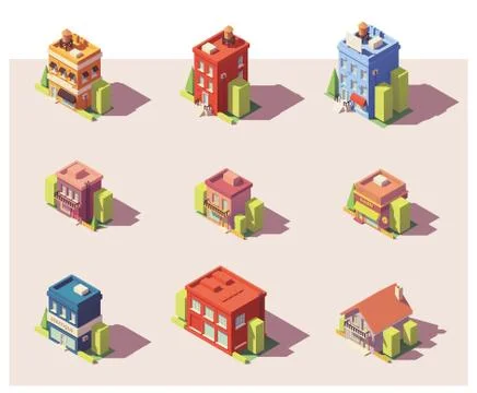 Vector low poly isometric buildings set Stock Illustration