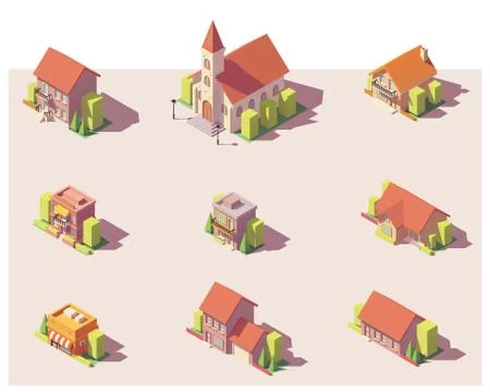 Vector low poly isometric buildings set Stock Illustration