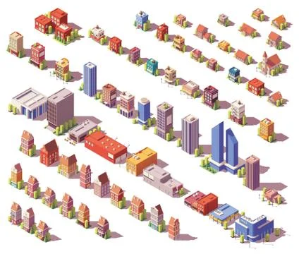 Vector low poly isometric buildings set Stock Illustration