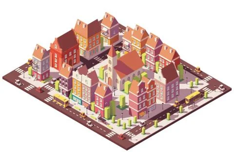 Vector low poly isometric old city center Stock Illustration