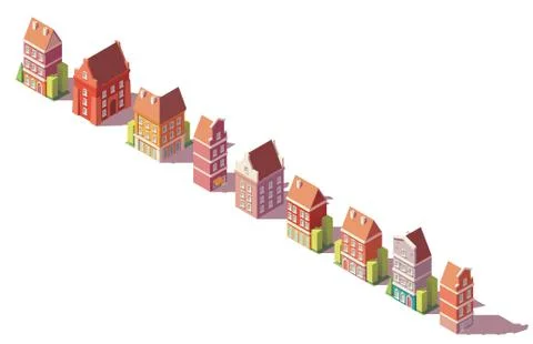 Vector low poly isometric old buildings set Stock Illustration