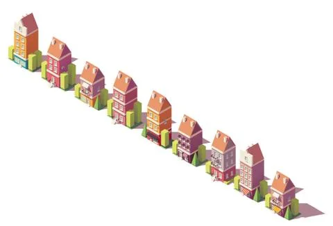 Vector low poly isometric old buildings set Stock Illustration