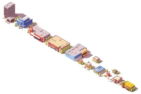 Vector low poly isometric stores and restaurants Stock Illustration