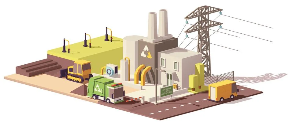 Vector low poly landfill gas collection plant Stock Illustration