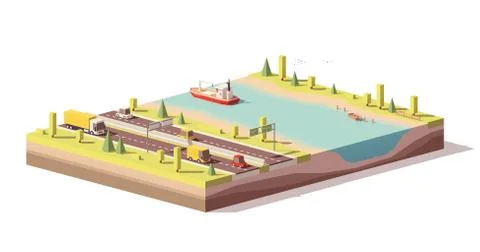 Vector low poly landscape with highway and river Illustrazione stock