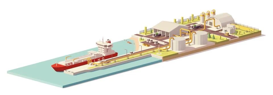 Vector low poly LNG terminal and LNG carrier ship Stock Illustration
