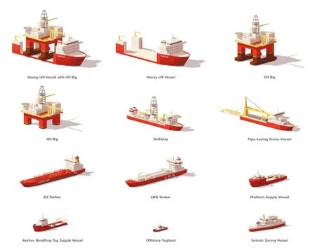 Vector low poly offshore oil exploration vessels Stock Illustration