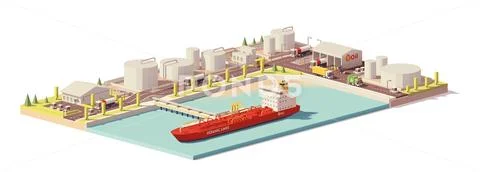 Vector low poly oil depot and oil tanker ship Stock Illustration