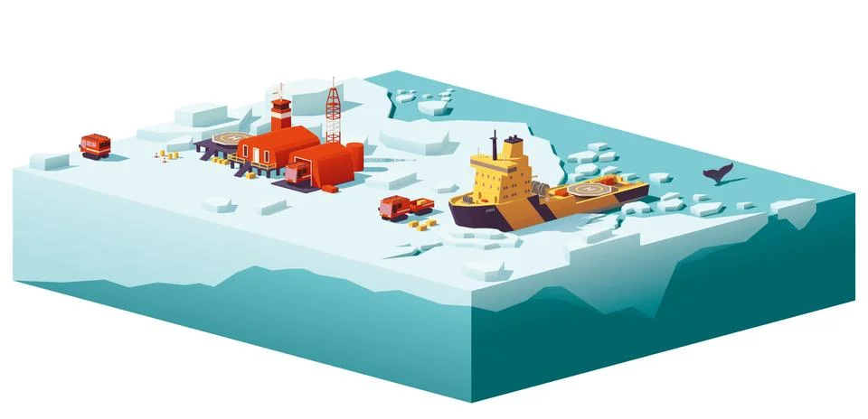 Vector low poly polar station and icebreaker Stock Illustration
