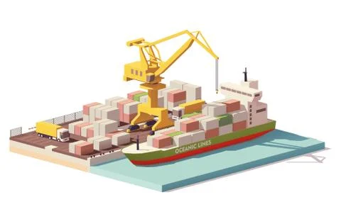 Vector low poly port container terminal and ship Stock Illustration