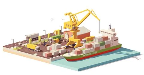 Vector low poly port container terminal and ship Stock Illustration