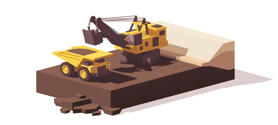 Vector low poly power shovel and haul truck Stock Illustration