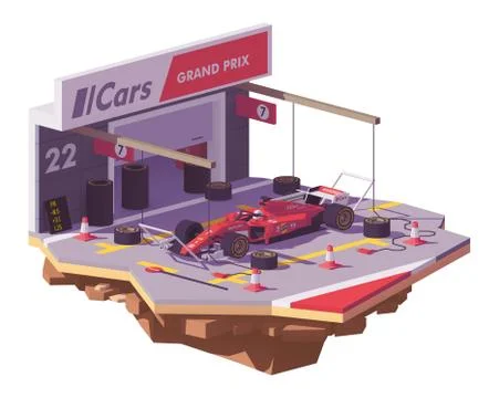 Vector low poly racing car and pit stop Stock Illustration