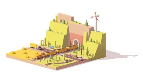Vector low poly railroad crossing Stock Illustration
