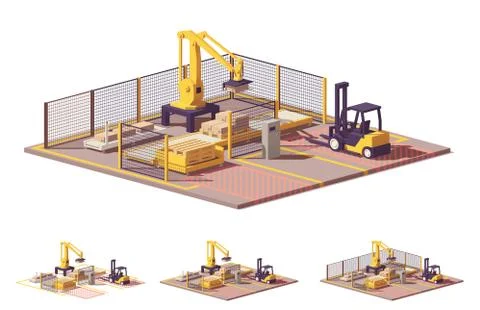 Vector low poly robotic palletizing cell Stock Illustration