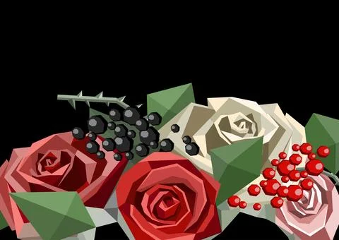 Vector low poly roses frame. Black background Stock Illustration