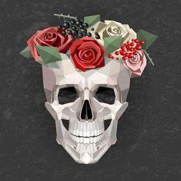 Vector low poly skull with floral wreath on dark gray background Illustrazione stock