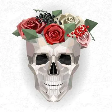Vector low poly skull with floral wreath. Stock Illustration