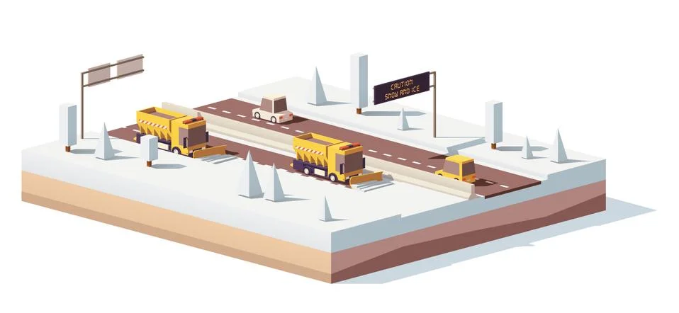 Vector low poly snowplows working on the highway Stock Illustration