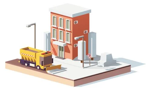 Vector low poly snowplows working in the city Stock Illustration