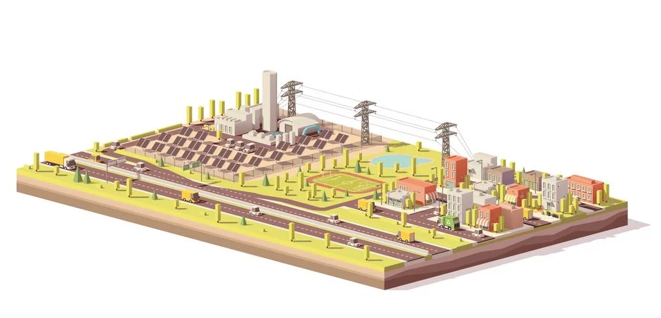 Vector low poly solar power plant and city Stock Illustration