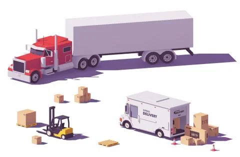 Vector low poly trucks and forklift Stock Illustration