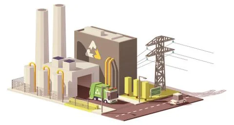 Vector low poly waste-to-energy plant Stock Illustration