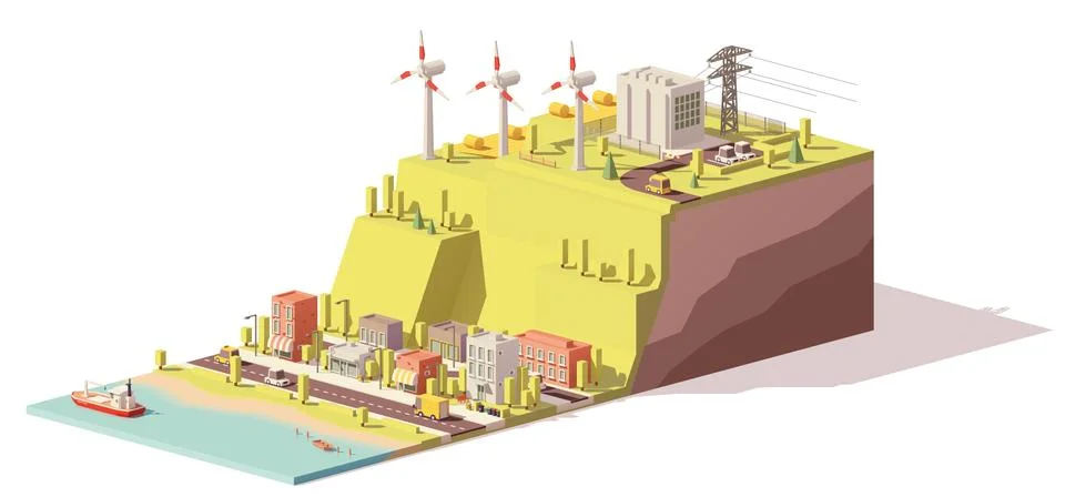 Vector low poly wind turbines power plant Stock Illustration