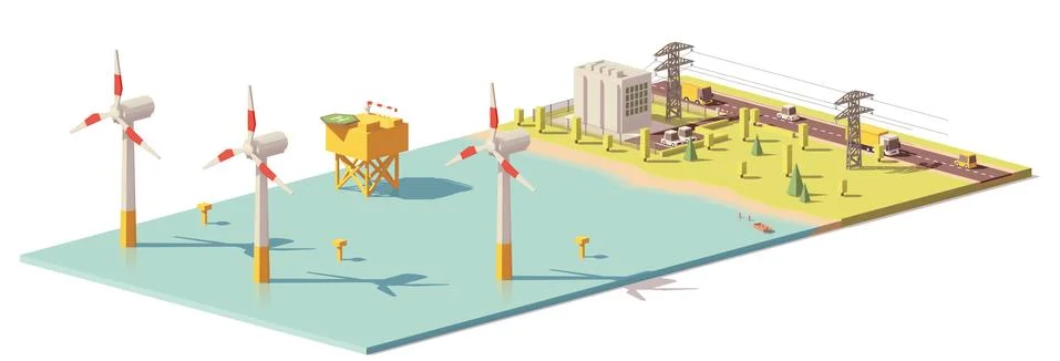 Vector low poly wind turbines power plant Stock Illustration